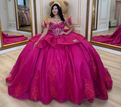Glittery Tulle Crystal Beaded Quinceanera Dresses Off Shoulder Fuchsia Birthday Gowns HE1918
