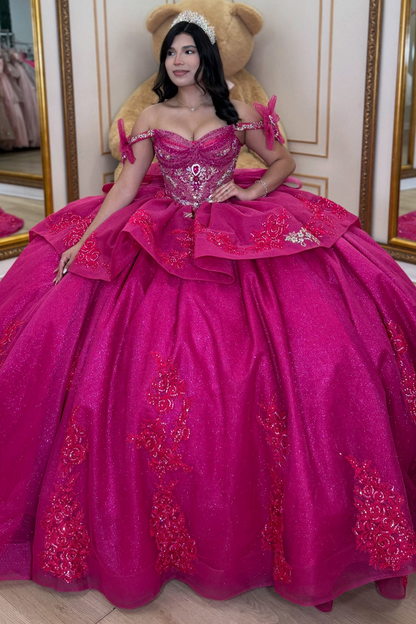 Glittery Tulle Crystal Beaded Quinceanera Dresses Off Shoulder Fuchsia Birthday Gowns HE1918