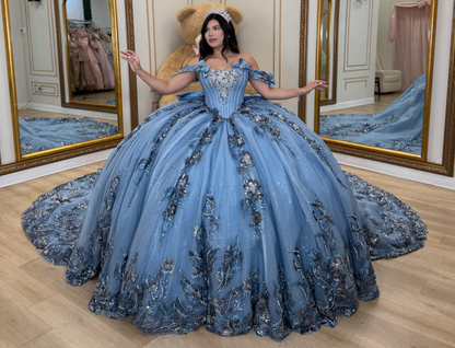 Glittery Tulle Lace Flowers Blue Quinceanera Dresses Sweet 16 Party Gowns HE1922