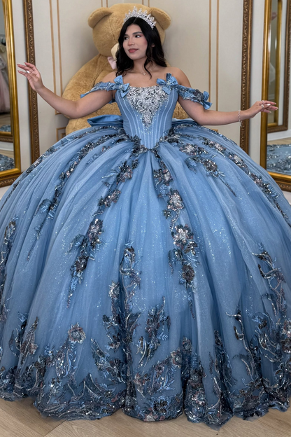 Glittery Tulle Lace Flowers Blue Quinceanera Dresses Sweet 16 Party Gowns HE1922