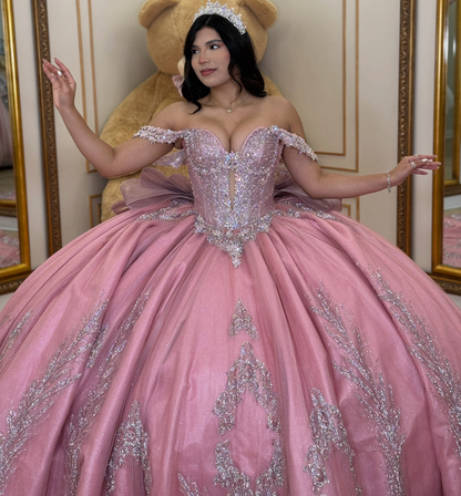 Princess Sweet 16 Pink Quinceanera Dresses Lace Beaded Birthday Prom Party Gowns HE1921