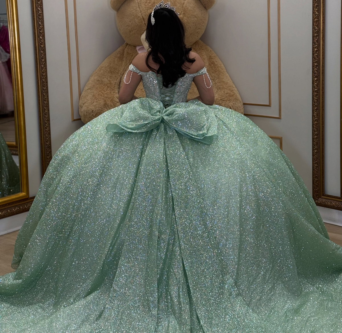 Off Shoulder Beaded Glittery Quinceanera Dresses Green Birthday Gowns for Sweet 16 HE1924
