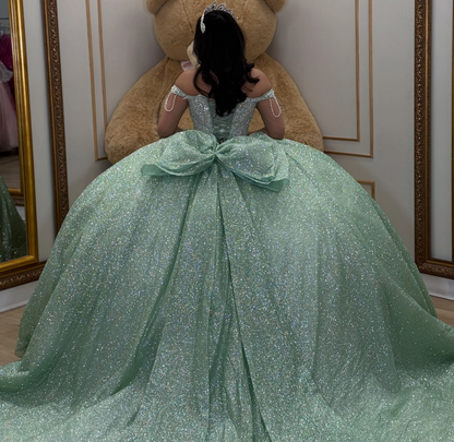 Off Shoulder Beaded Glittery Quinceanera Dresses Green Birthday Gowns for Sweet 16 HE1924