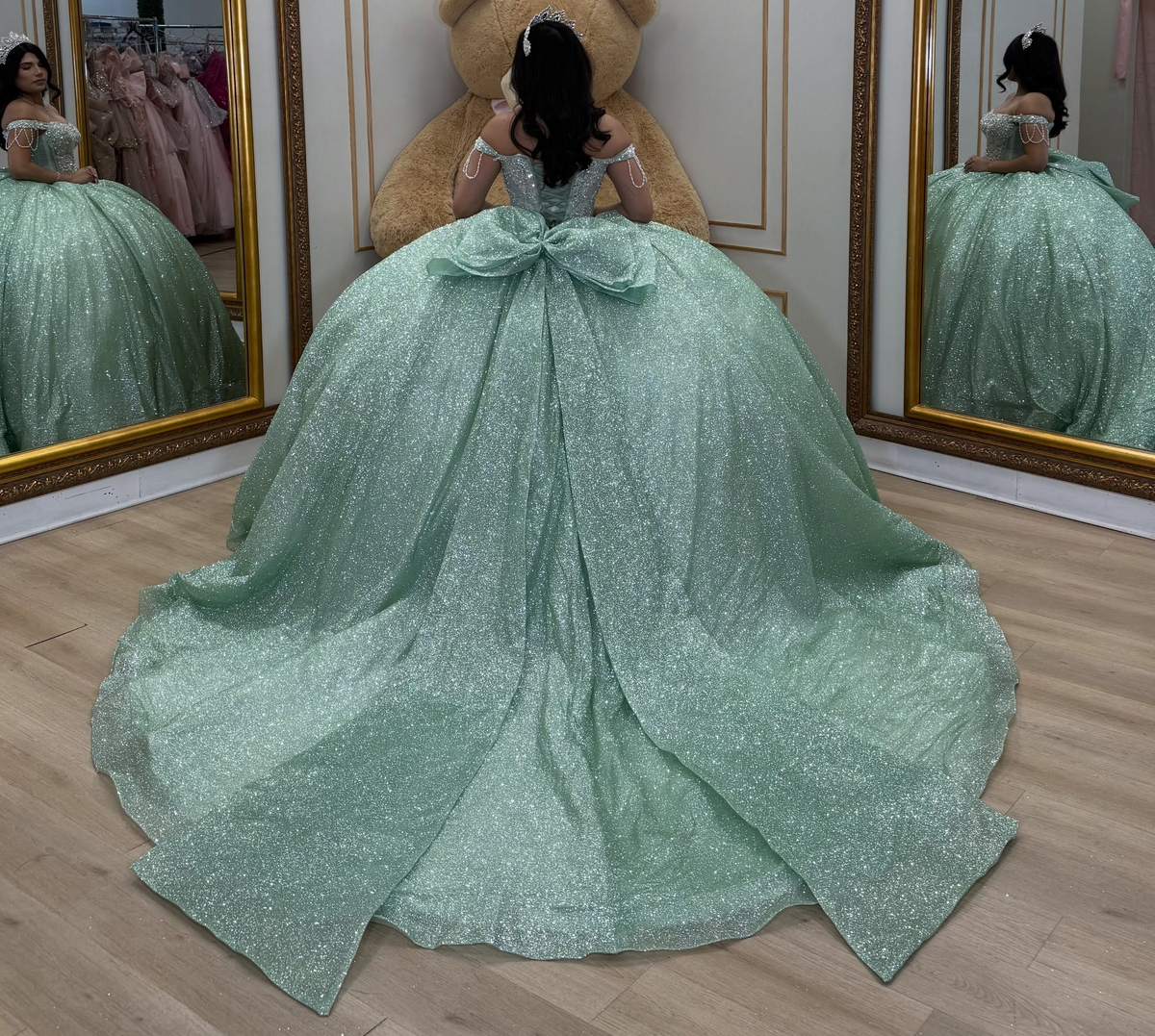 Off Shoulder Beaded Glittery Quinceanera Dresses Green Birthday Gowns for Sweet 16 HE1924