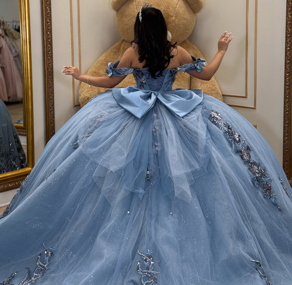 Glittery Tulle Lace Flowers Blue Quinceanera Dresses Sweet 16 Party Gowns HE1922