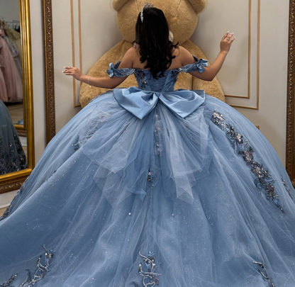 Glittery Tulle Lace Flowers Blue Quinceanera Dresses Sweet 16 Party Gowns HE1922