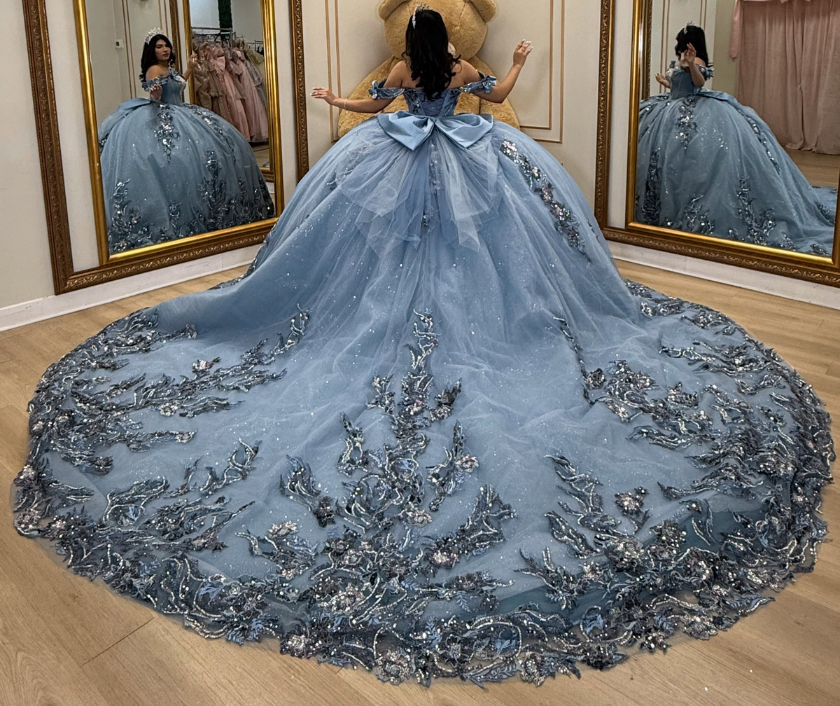 Glittery Tulle Lace Flowers Blue Quinceanera Dresses Sweet 16 Party Gowns HE1922
