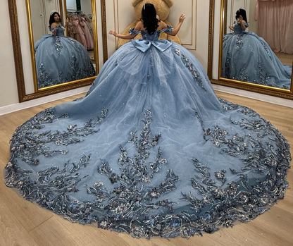 Glittery Tulle Lace Flowers Blue Quinceanera Dresses Sweet 16 Party Gowns HE1922