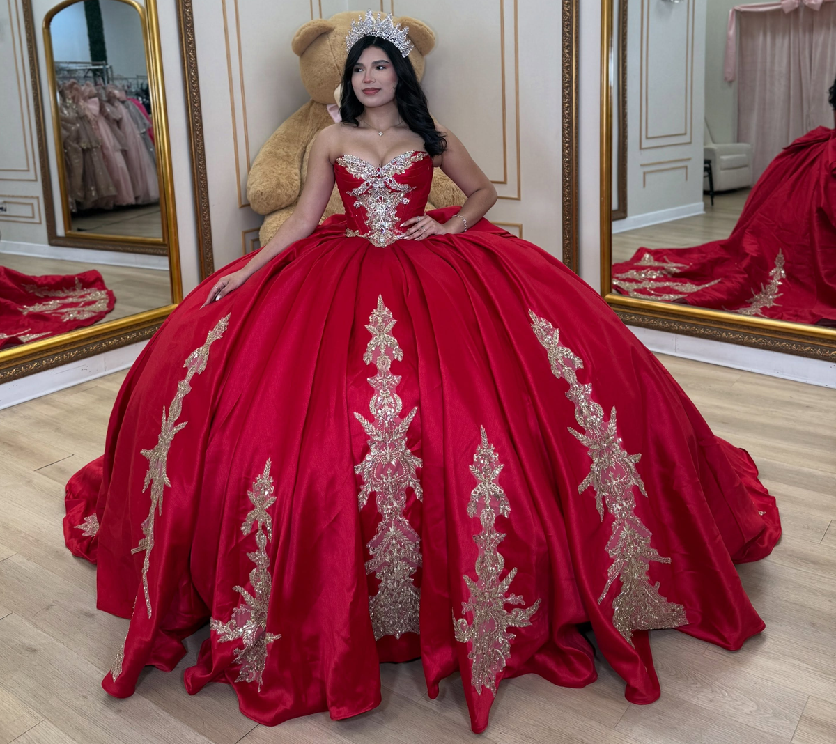 Sweetheart Satin Crystal Beaded Red Quinceanera Dresses Ball Gown Sweet 15 Party Dress HE1923