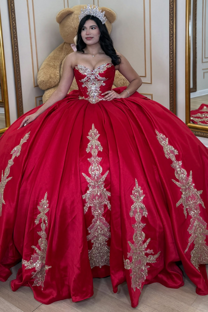 Sweetheart Satin Crystal Beaded Red Quinceanera Dresses Ball Gown Sweet 15 Party Dress HE1923
