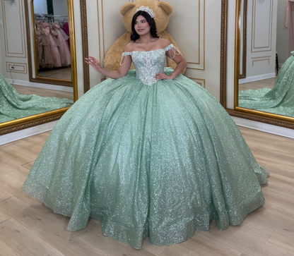 Off Shoulder Beaded Glittery Quinceanera Dresses Green Birthday Gowns for Sweet 16 HE1924