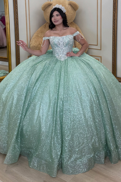 Off Shoulder Beaded Glittery Quinceanera Dresses Green Birthday Gowns for Sweet 16 HE1924