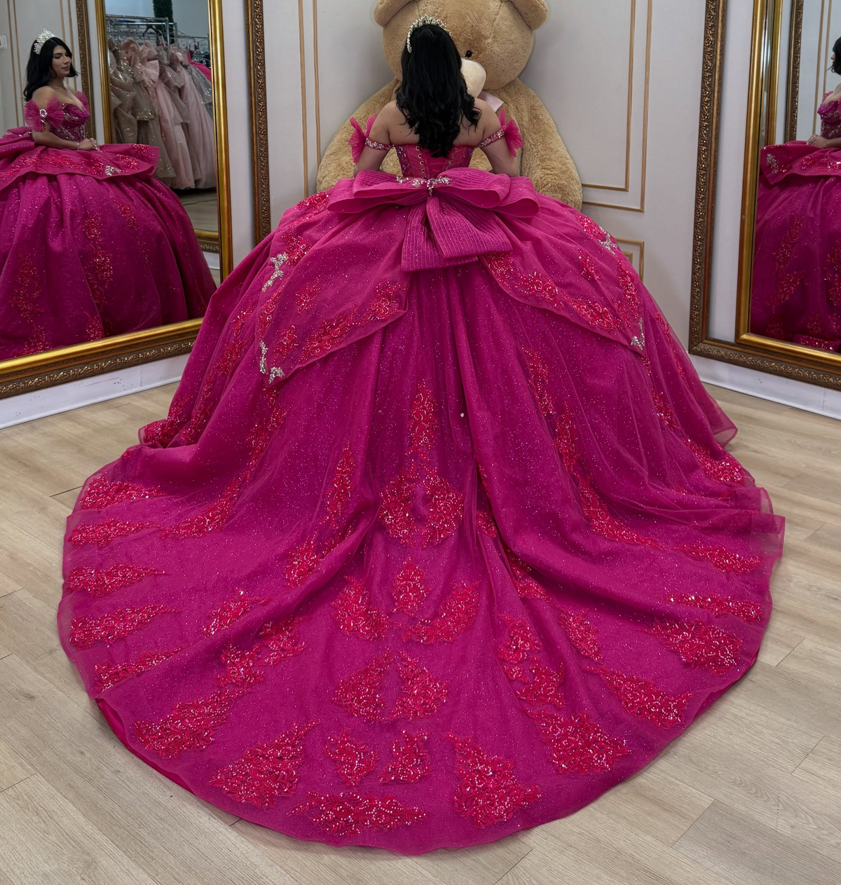 Glittery Tulle Crystal Beaded Quinceanera Dresses Off Shoulder Fuchsia Birthday Gowns HE1918