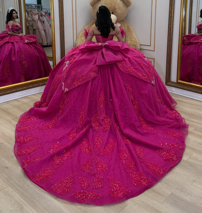 Glittery Tulle Crystal Beaded Quinceanera Dresses Off Shoulder Fuchsia Birthday Gowns HE1918