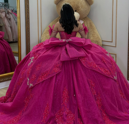 Glittery Tulle Crystal Beaded Quinceanera Dresses Off Shoulder Fuchsia Birthday Gowns HE1918