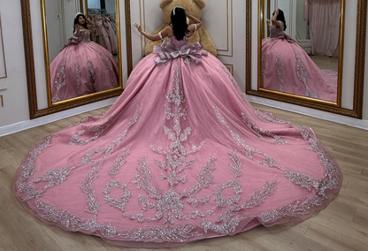 Princess Sweet 16 Pink Quinceanera Dresses Lace Beaded Birthday Prom Party Gowns HE1921