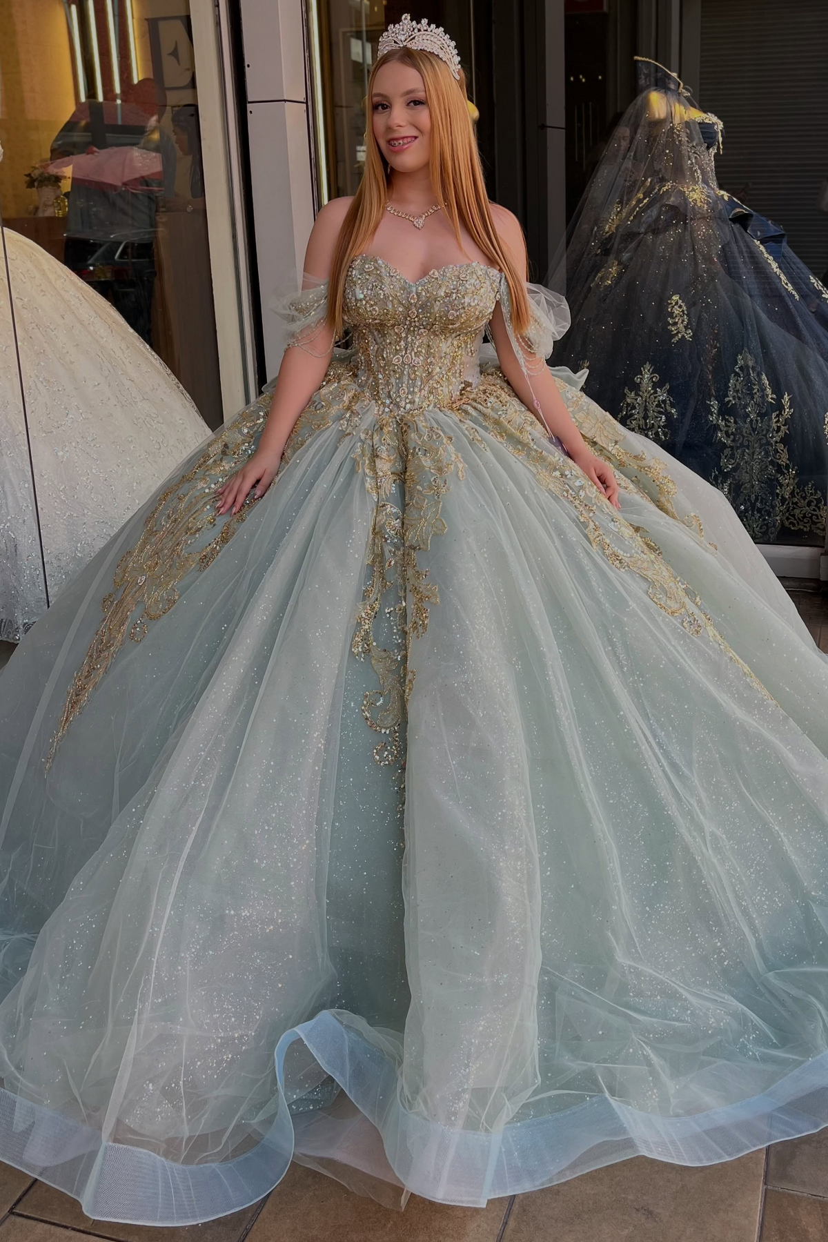 Off Shoulder Lace Appliqued Blue Quinceanera Dresses Sweet 16 Party Gowns HE1935
