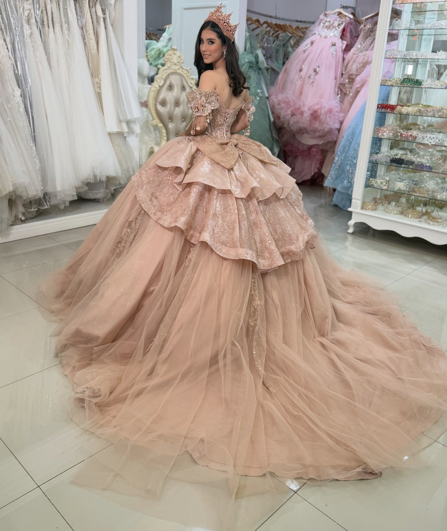 Sweetheart Lace Appliqued Tulle Quinceanera Dresses Off Shoulder Sweet 16 Party Gowns HE1863