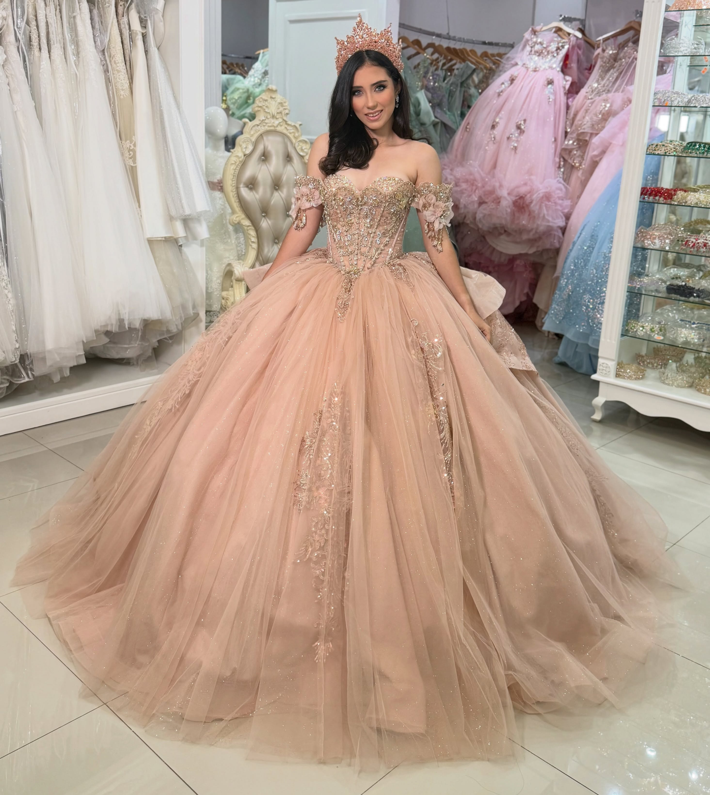 Sweetheart Lace Appliqued Tulle Quinceanera Dresses Off Shoulder Sweet 16 Party Gowns HE1863