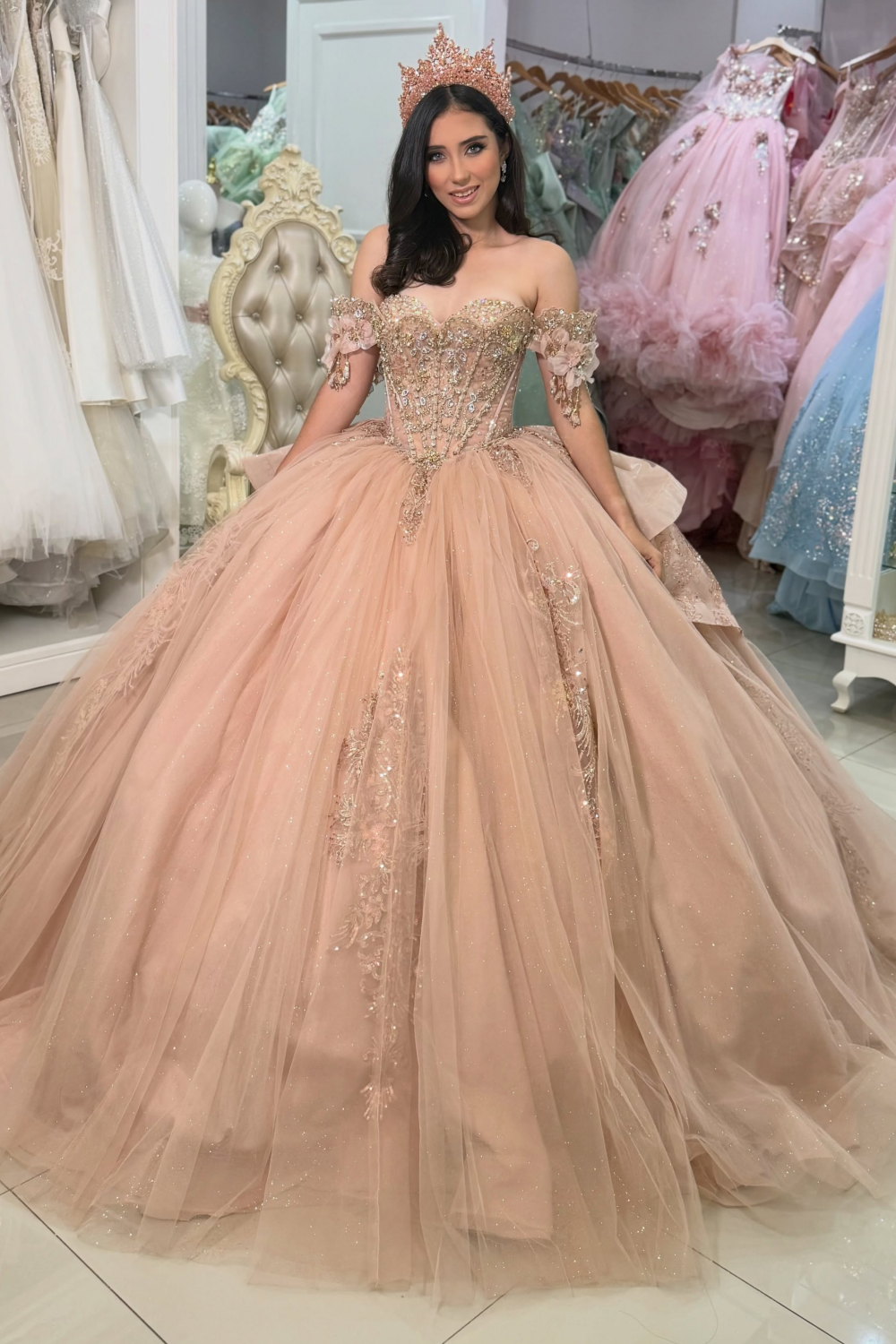 Sweetheart Lace Appliqued Tulle Quinceanera Dresses Off Shoulder Sweet 16 Party Gowns HE1863