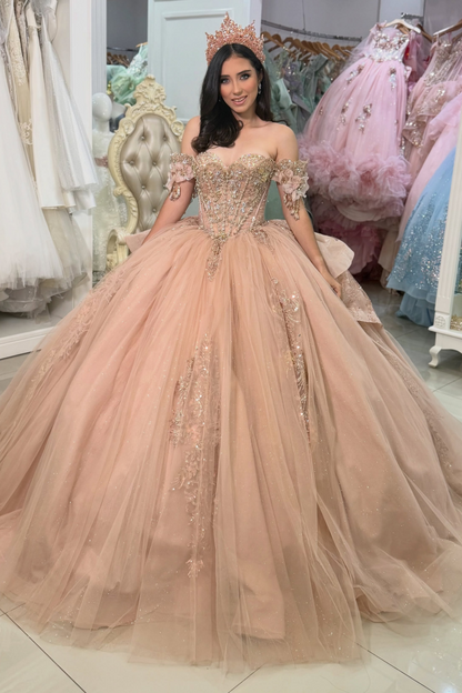 Sweetheart Lace Appliqued Tulle Quinceanera Dresses Off Shoulder Sweet 16 Party Gowns HE1863