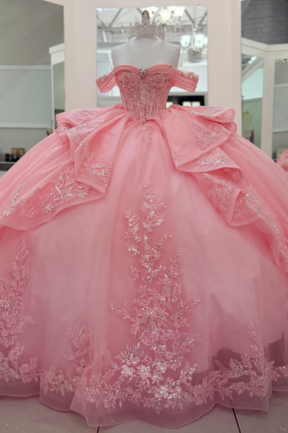 Off Shoulder Pink Lace Appliqued Quinceanera Dresses Princess Sweet 16 Party Gowns HE1866