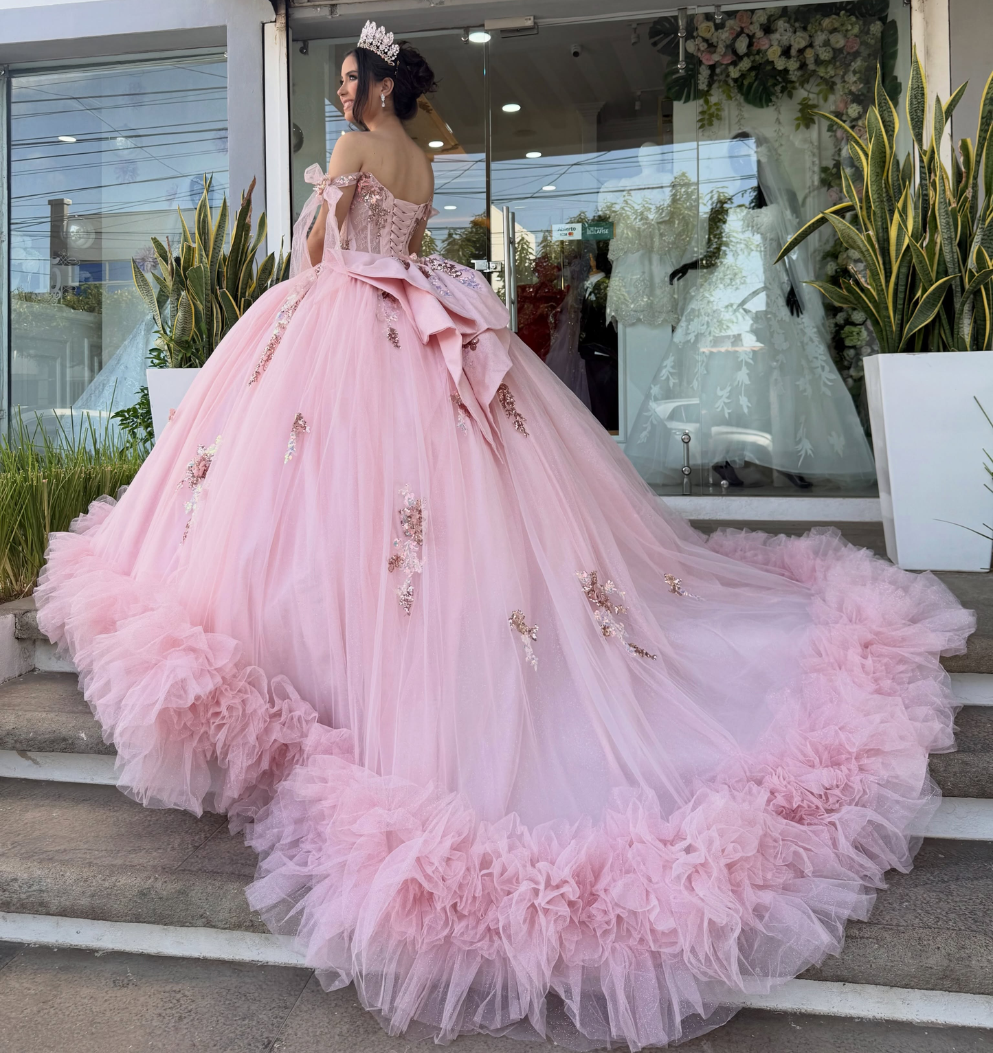 Princess Ball Gown Pink Quinceanera Dresses Tulle Sweet 15 Party Gowns with 3D Flower HE1833