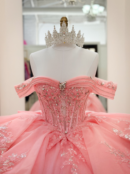 Off Shoulder Pink Lace Appliqued Quinceanera Dresses Princess Sweet 16 Party Gowns HE1866