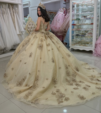 Luxury 3D Flower Champagne Quinceanera Dresses Sweet 16 Tulle Party Gowns HE1832