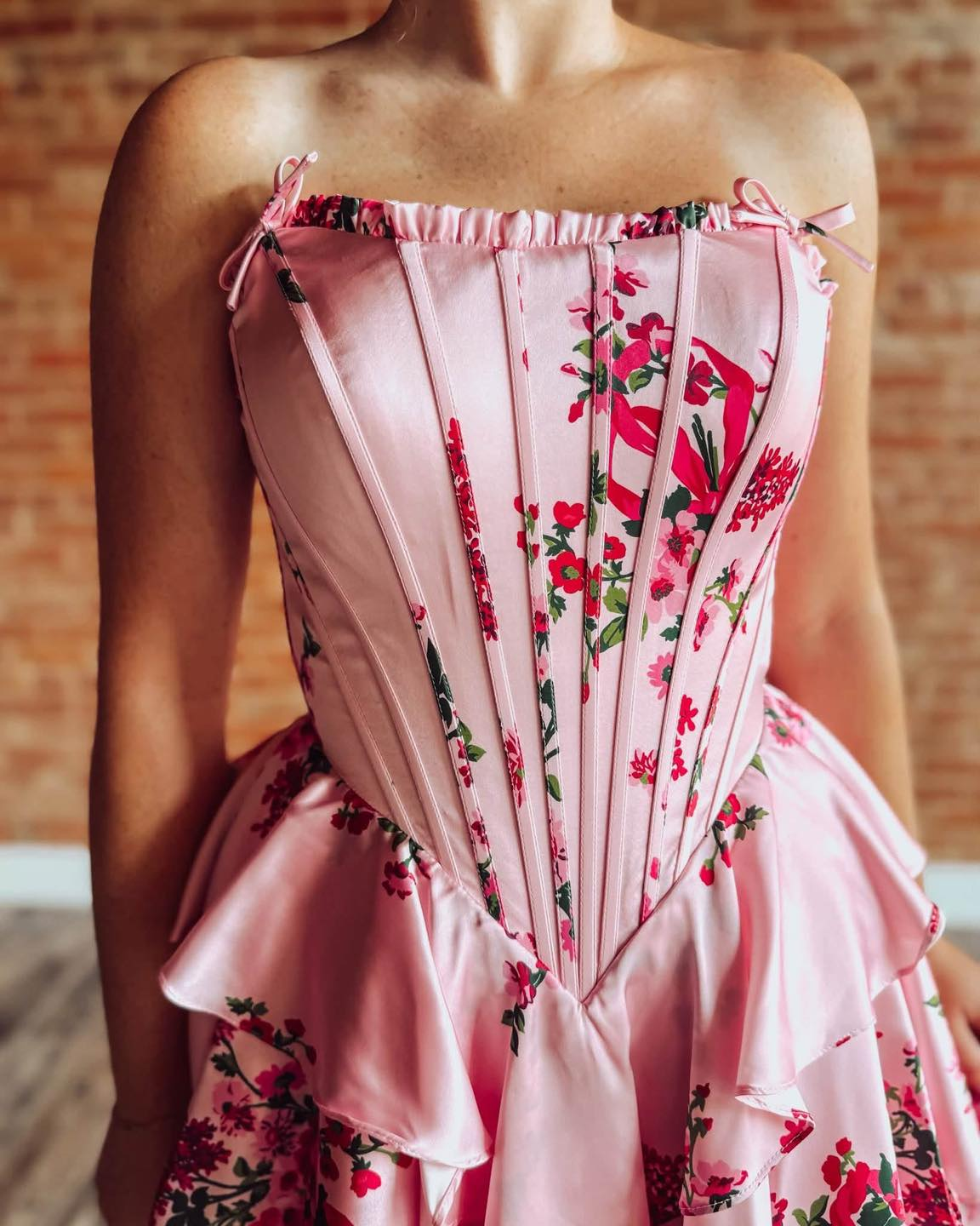 A Line Satin Floral Print Homecoming Dresses Strapless Corset Party Gowns for Juniors HE1895