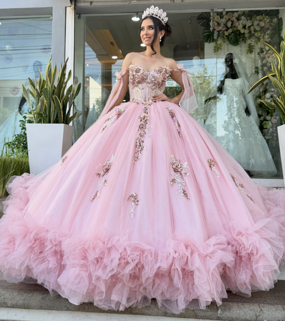 Princess Ball Gown Pink Quinceanera Dresses Tulle Sweet 15 Party Gowns with 3D Flower HE1833