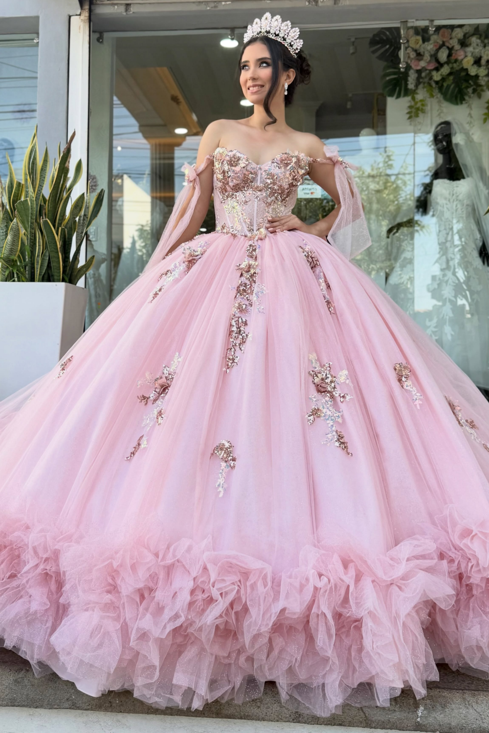 Princess Ball Gown Pink Quinceanera Dresses Tulle Sweet 15 Party Gowns with 3D Flower HE1833
