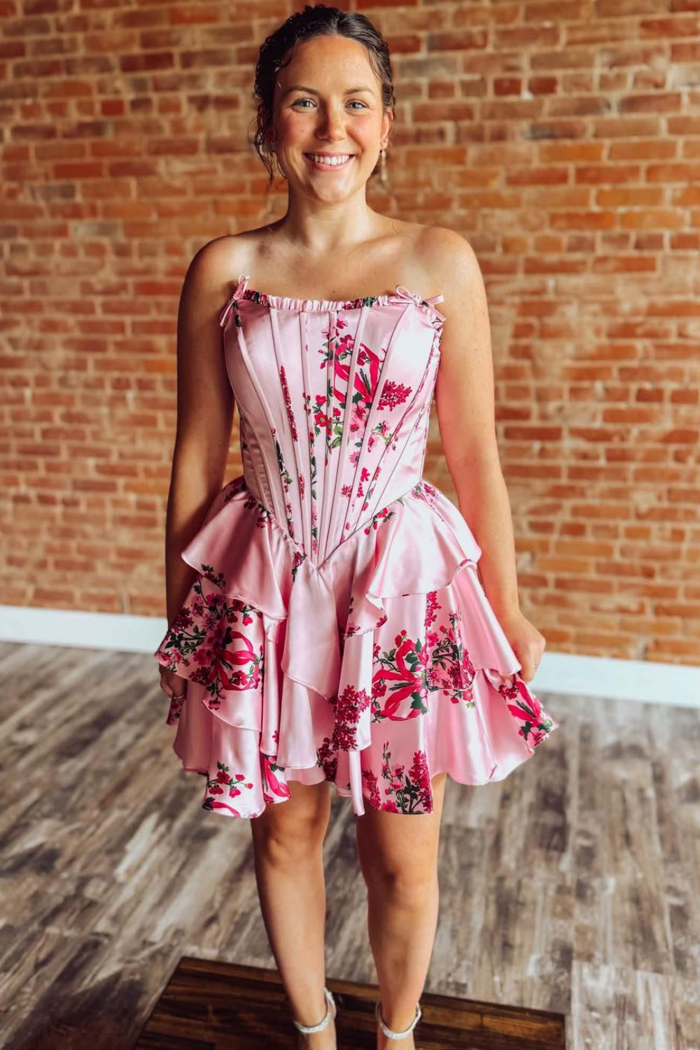 A Line Satin Floral Print Homecoming Dresses Strapless Corset Party Gowns for Juniors HE1895