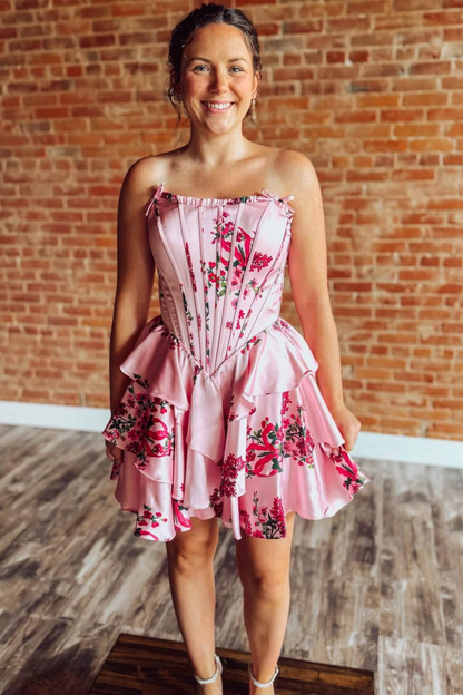 A Line Satin Floral Print Homecoming Dresses Strapless Corset Party Gowns for Juniors HE1895