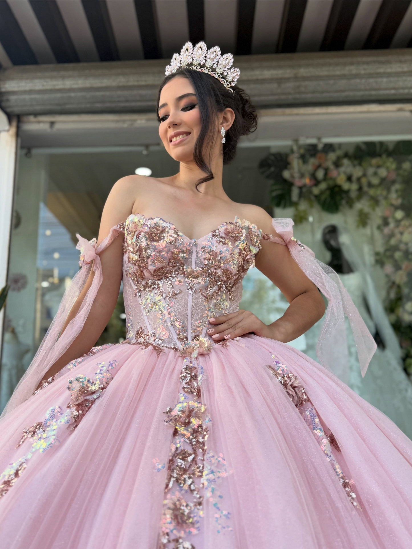 Princess Ball Gown Pink Quinceanera Dresses Tulle Sweet 15 Party Gowns with 3D Flower HE1833