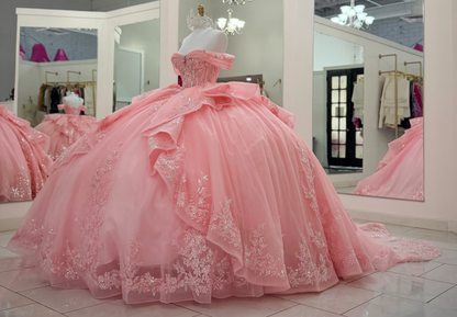 Off Shoulder Pink Lace Appliqued Quinceanera Dresses Princess Sweet 16 Party Gowns HE1866
