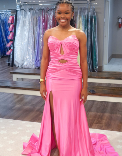 Sweetheart Mermaid Satin Keyhole Prom Dresses Long Strapless Party Gowns with Slit HE1962
