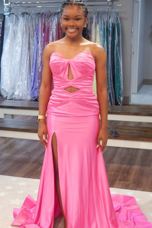 Sweetheart Mermaid Satin Keyhole Prom Dresses Long Strapless Party Gowns with Slit HE1962
