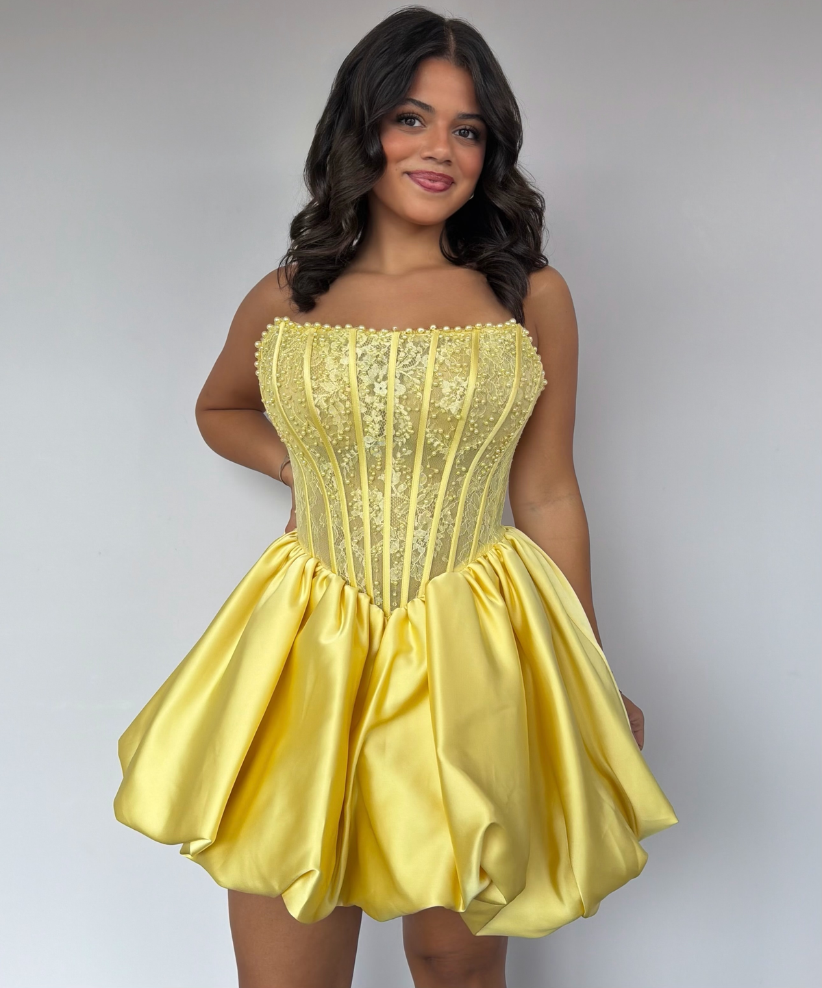 A Line Satin Lace Homecoming Dresses for Juniors Strapless Corset Party Gowns HE1900