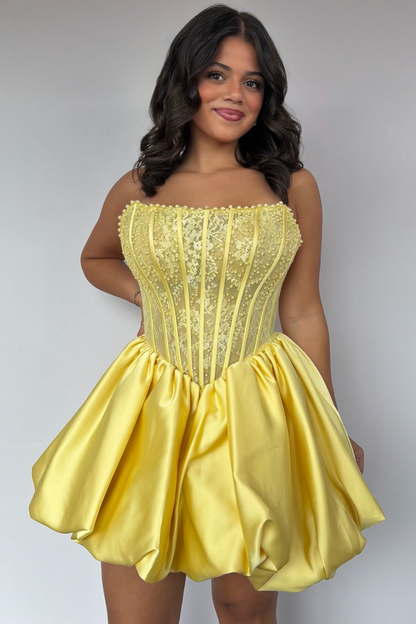 A Line Satin Lace Homecoming Dresses for Juniors Strapless Corset Party Gowns HE1900