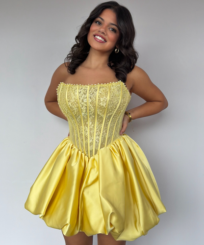 A Line Satin Lace Homecoming Dresses for Juniors Strapless Corset Party Gowns HE1900