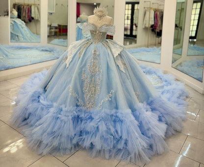 Vestidos de quinceañera con hombros descubiertos, tul princesa, apliques, vestidos de quinceañera HE530