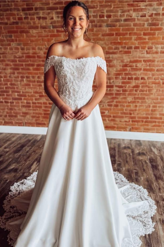 Chiffon A Line Lace Appliqued Wedding Dresses for Bride Off Shoulder Bridal Gowns HE1872