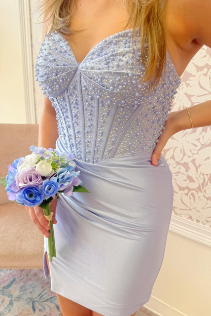 Satin Crystal Beaded Homecoming Dresses Short V Neck Party Gowns for Juniors HE1856
