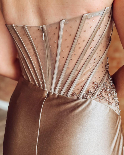 Satin Corset Crystal Beaded Homecoming Dresses Short Strapless Cocktail Gowns HE1893