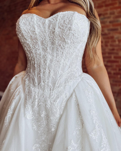 Sweetheart A Line Boho Wedding Dresses Tulle Lace Appliqued Bridal Wedding Gowns HE1868