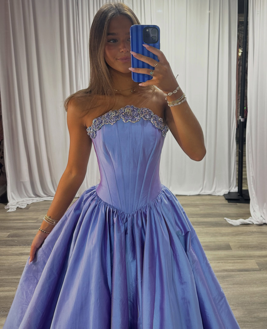A Line Satin Crystal Prom Dresses Long Strapless Plus Size Evening Party Gowns for Women HE1961