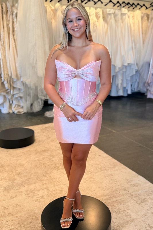 Sweetheart Satin Bowknot Homecoming Dresses Knee Length Party Dresses for Juniors HE1899