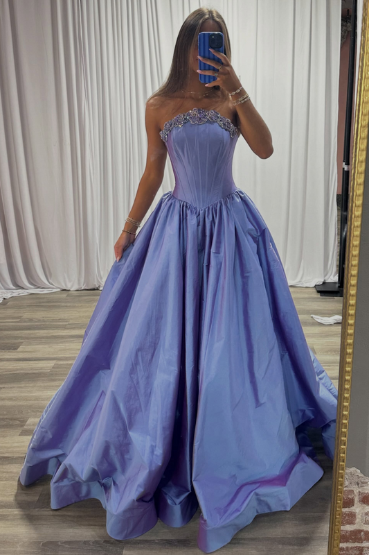 A Line Satin Crystal Prom Dresses Long Strapless Plus Size Evening Party Gowns for Women HE1961