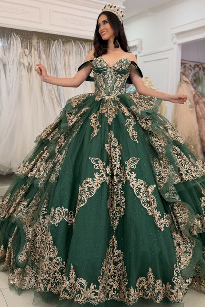 Off Shoulder Lace Appliqued Green Quinceanera Dresses Ruffled Party Gowns for Sweet 16 HE1914